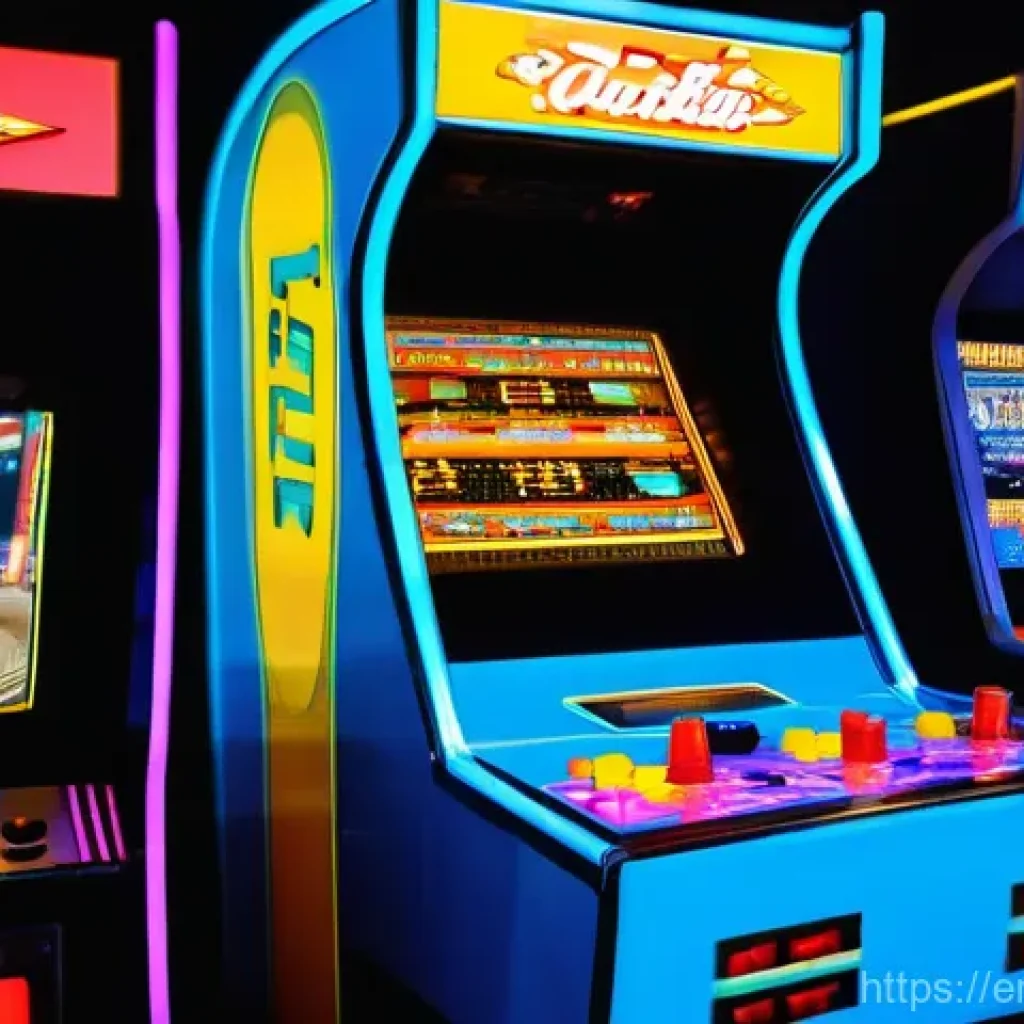 레이싱게임 장르의 역사 - **"Arcade Glory Days"** A vibrant, retro-futuristic arcade scene from the 1980s. In the foregrou...