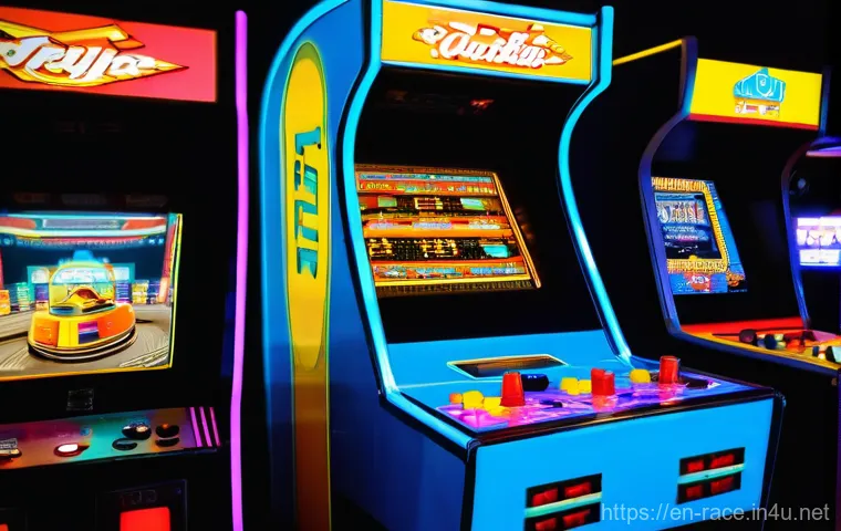 레이싱게임 장르의 역사 - **"Arcade Glory Days"** A vibrant, retro-futuristic arcade scene from the 1980s. In the foregrou...