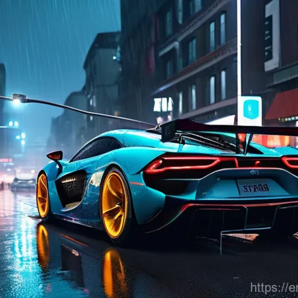 레이싱게임 세계관 설정 - A hyper-realistic, high-definition racing scene set during a torrential downpour at night in a bustl...