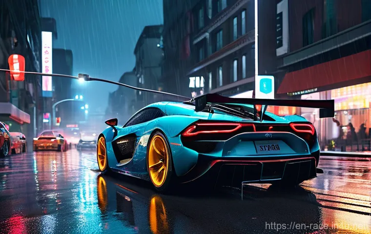 레이싱게임 세계관 설정 - A hyper-realistic, high-definition racing scene set during a torrential downpour at night in a bustl...