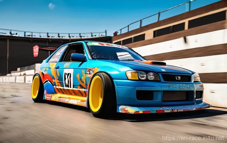 레이싱게임 세계관 설정 - An expansive, sun-drenched open-world landscape, featuring a vintage rally car kicking up dust as it...