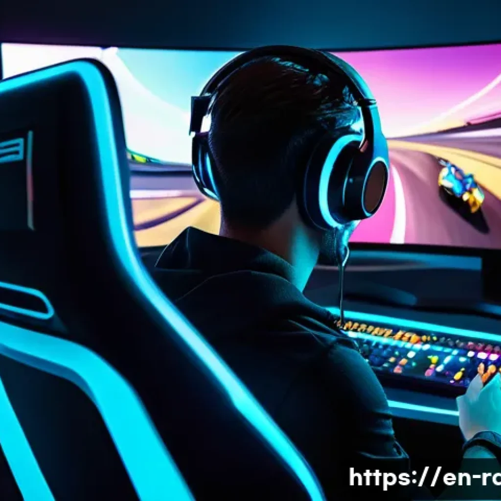 레이싱게임 음악 스트리밍 - A dynamic scene of a professional gamer intensely focused on a high-speed racing game, wearing sleek...
