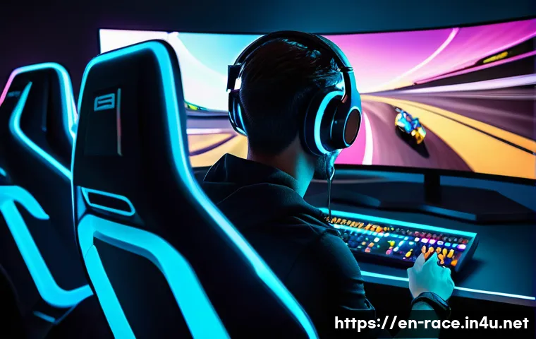 레이싱게임 음악 스트리밍 - A dynamic scene of a professional gamer intensely focused on a high-speed racing game, wearing sleek...