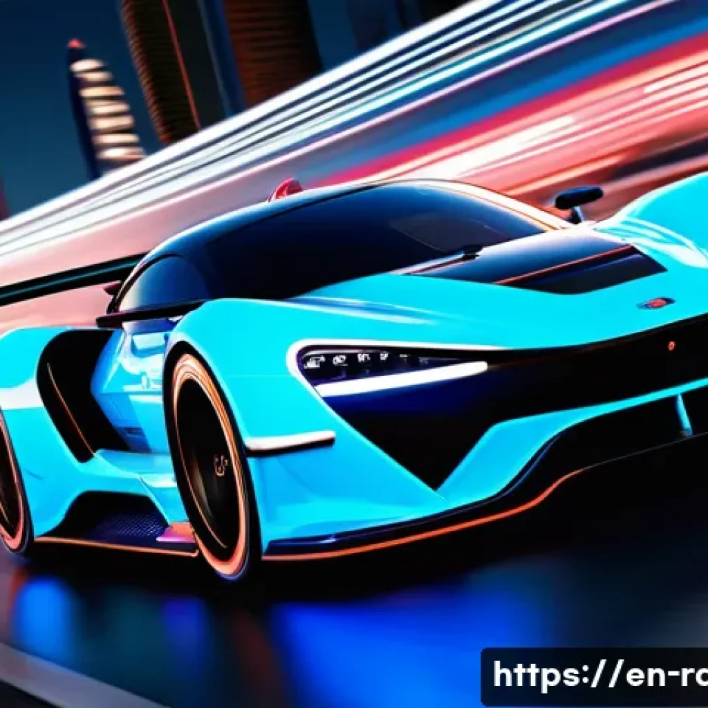 게임 내 최고속도 차량 - A futuristic racing car speeding on a neon-lit urban track at night, showcasing sleek, aerodynamic d...