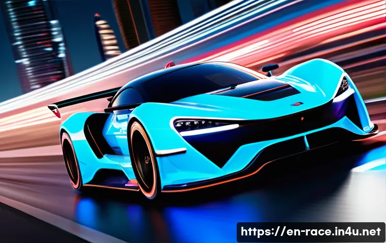 게임 내 최고속도 차량 - A futuristic racing car speeding on a neon-lit urban track at night, showcasing sleek, aerodynamic d...