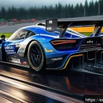 레이싱게임과 리얼리즘 - Hyper-realistic racing car navigating a wet asphalt track during a sudden rainstorm, dynamic tire sp...