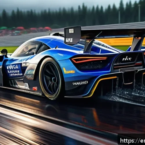 레이싱게임과 리얼리즘 - Hyper-realistic racing car navigating a wet asphalt track during a sudden rainstorm, dynamic tire sp...