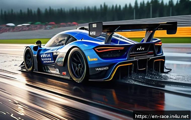 레이싱게임과 리얼리즘 - Hyper-realistic racing car navigating a wet asphalt track during a sudden rainstorm, dynamic tire sp...