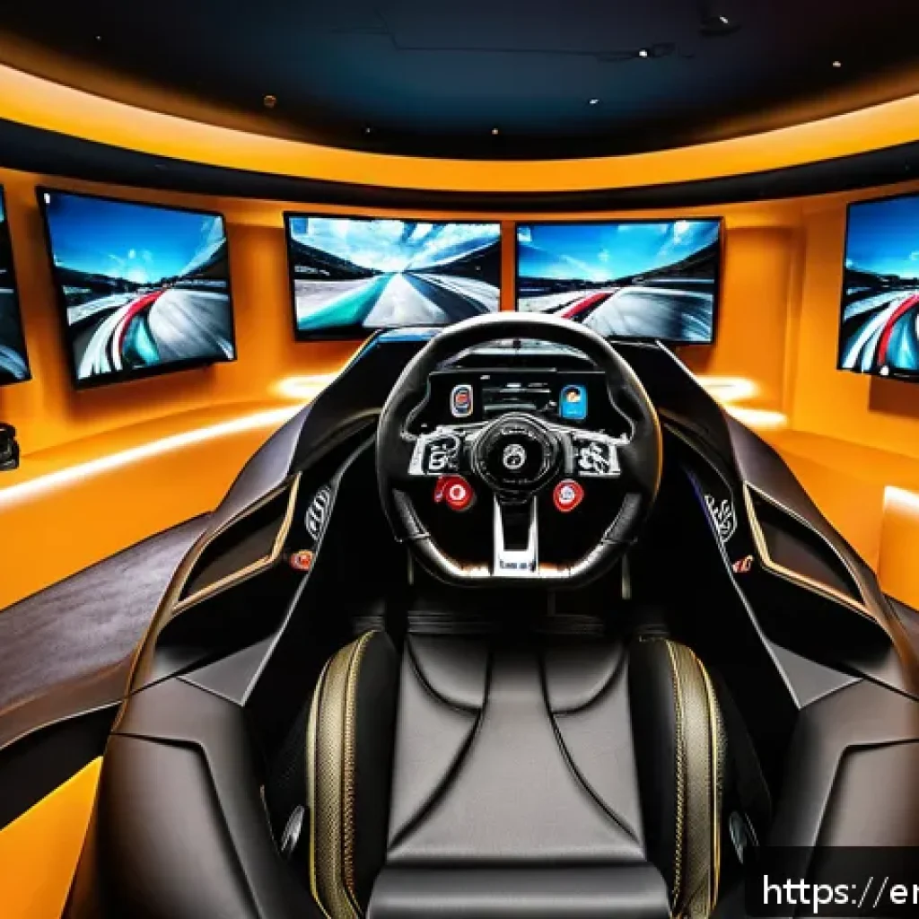 레이싱 시뮬레이터 체험관 - A high-end racing simulator setup featuring a realistic force feedback steering wheel with visible t...