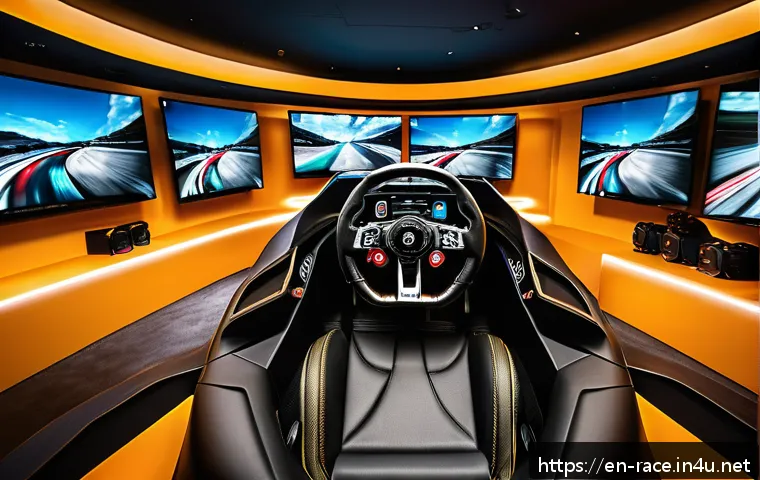 레이싱 시뮬레이터 체험관 - A high-end racing simulator setup featuring a realistic force feedback steering wheel with visible t...