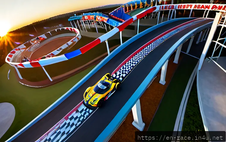 레이싱 테마 파크 소개 - Photorealistic wide-angle view of a modern American racing theme park entrance at golden hour, sleek...
