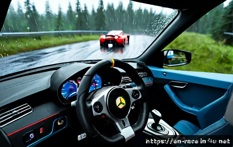 레이싱게임과 환경 요소 - Photorealistic racing video game setup on a clean modern desk, large monitor showing a fictional spo...