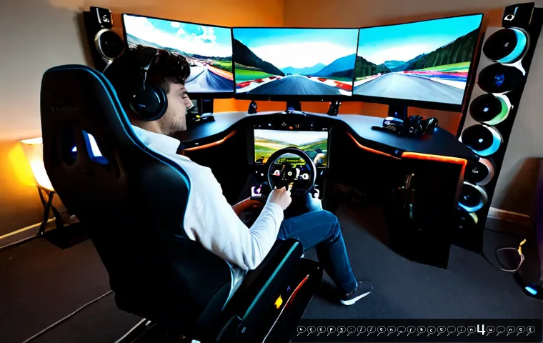 PC 레이싱게임 - Photorealistic home racing simulator setup, adult gamer seated in a modern ergonomic chair wearing c...